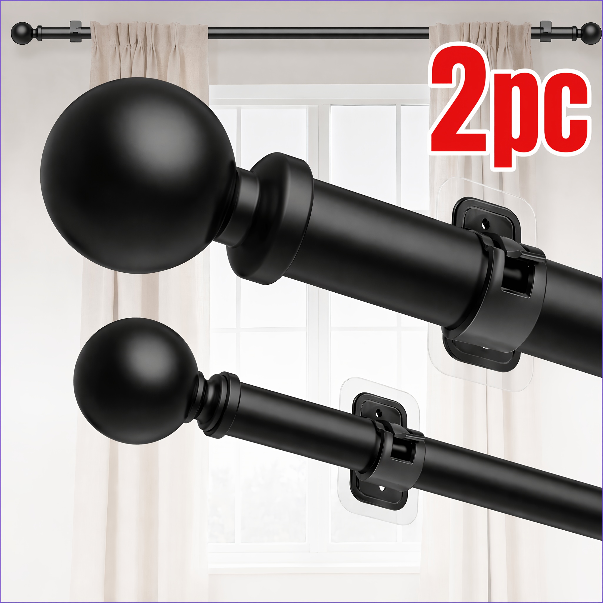 Image of 2-pack Curtain Rods 32 To 128 Inch No Drilling For Windows 40-110 Inch, Adjustable Length Heavy Duty Diameter 7/8 Inch, Ball Finials, Black