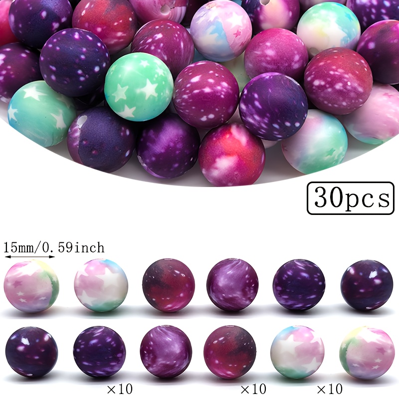 E-shop 15/30 Silikonperlen | 15mm Runde Sternenhimmel Serie Lose Spacer Perlen, Geeignet für Handgefertigtes Schmuckherstellen, Tägliche Dekorationen