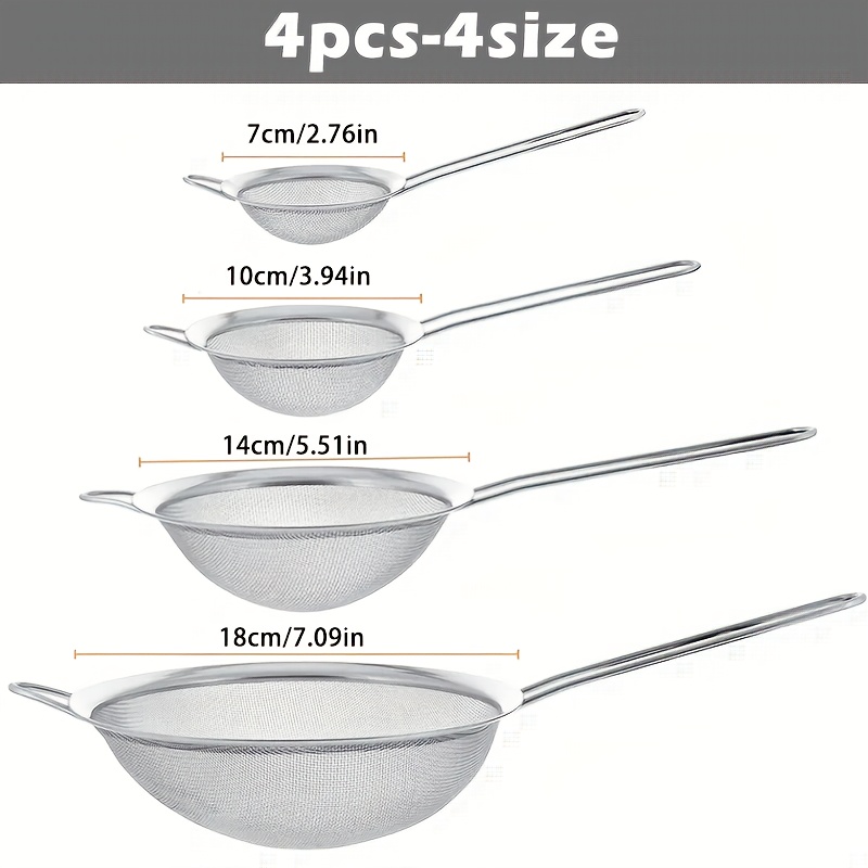 4pcs Stainless Steel Mesh Strainers, Suitable For Baking Cooking Food Preparation, Filtering Grease, Flour Sifter, Draining Noodles, Washing Rice And Other Baking Utensils, For Catering Services