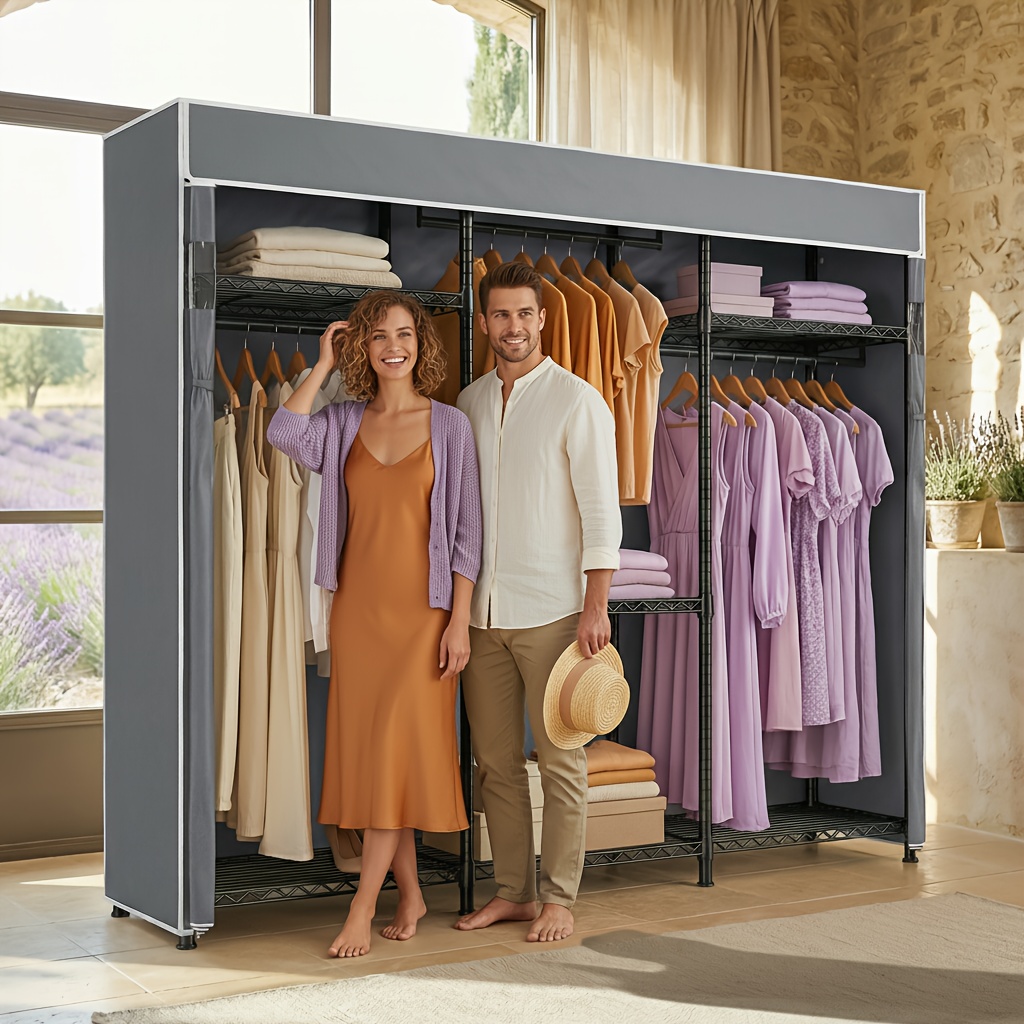 Image of Large Capacity Garment Rack | Heavy Duty Clothing Rack With Cover - 900lbs Freestanding Closet System, Multi-functional Storage With Shelves & Zippered Dust Shield, Space Saver For Home/bedroom