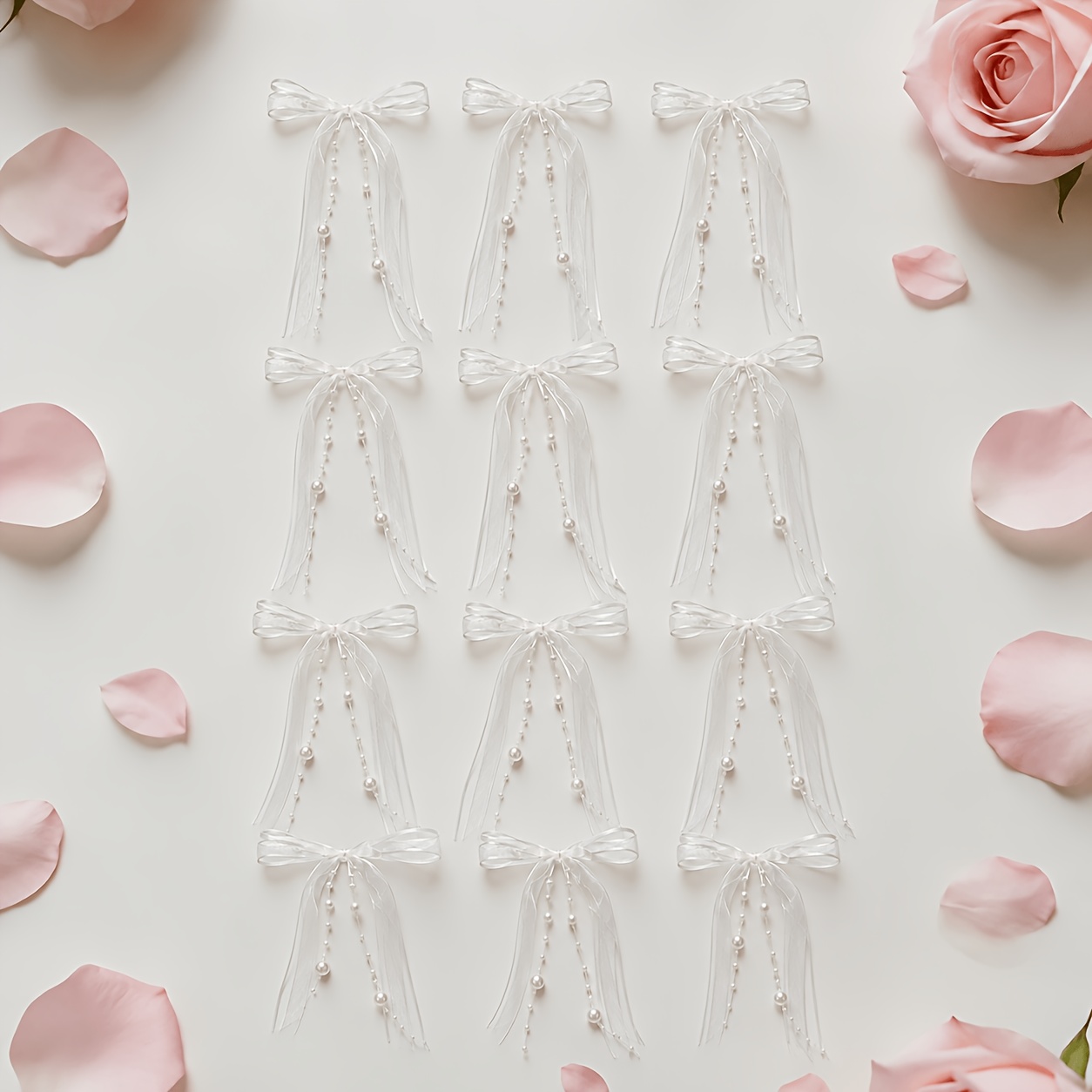 TEMU 12pcs Elegant Tulle Organza Pearl Bows With Mini Ribbon Loop - Sheer Suitable For Wedding Favors, Mini Decorations, Wine Glass Decor, Guest Book