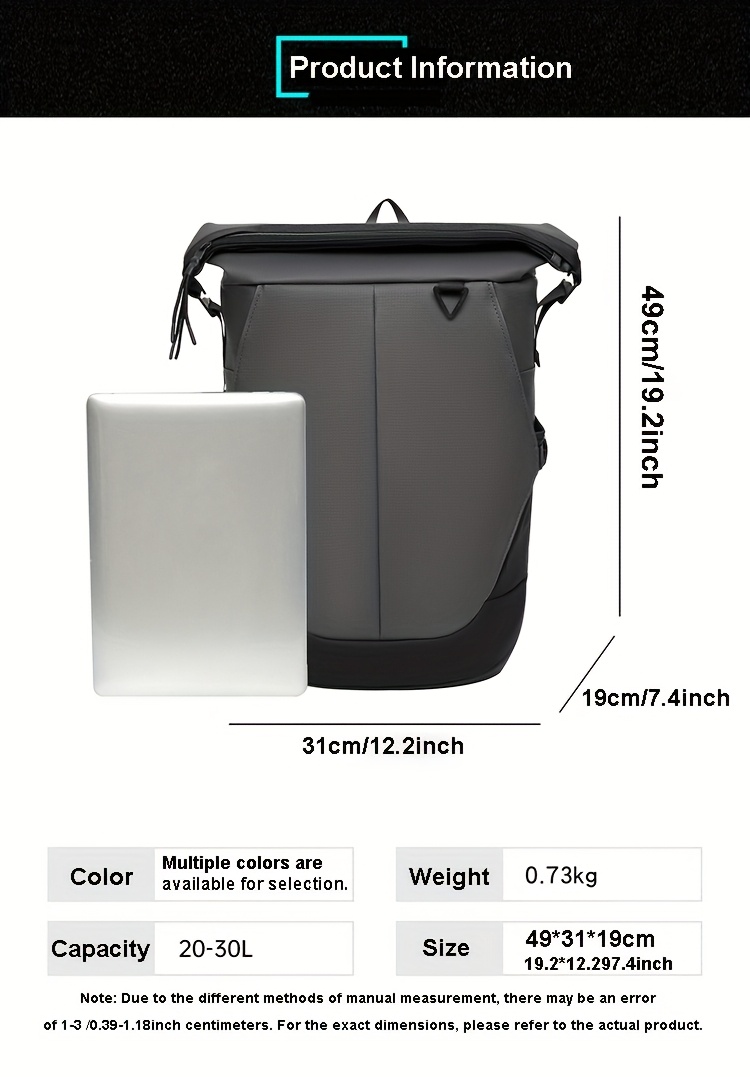 Men'S Stylish Backpack for Business Use, Expandable with a Roll-Top Design, Large Capacity for Laptops, Fashionable And Casual