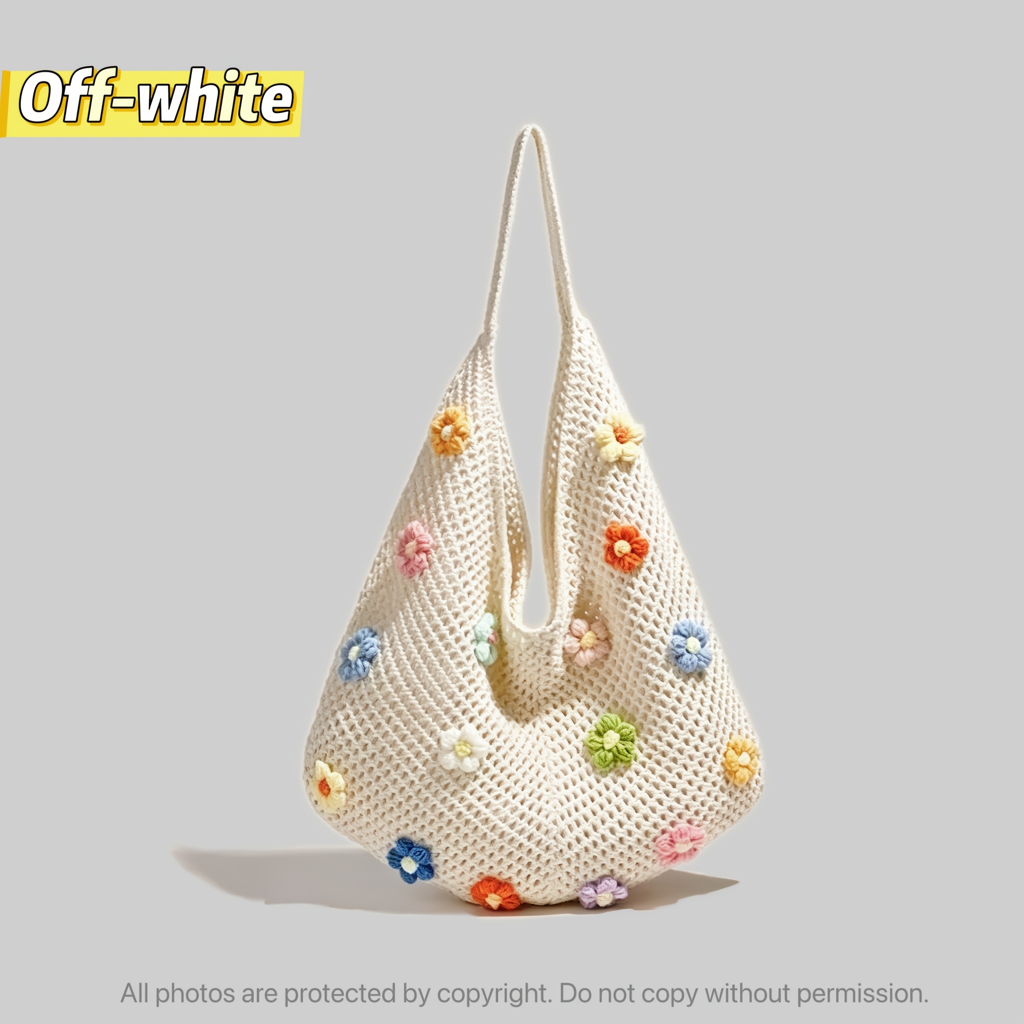 TEMU Borsa a spalla da donna intrecciata all'uncinetto con fiori colorati 3D, borsa tote stile a rete traforata grande capacit�, borsa da spiaggia in