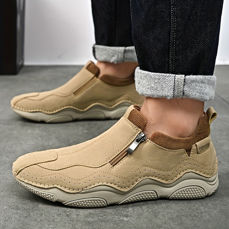 mens slip on casual sneakers breathable synthetic upper non slip rubber sole comfortable fabric lining zipper detail beige   outdoor sports casual attire 3