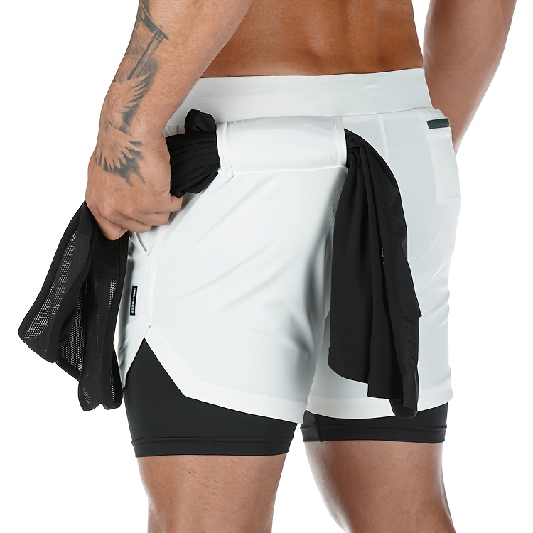 Men'S Morning Running, Gym Training, Sports, Multi Pocket Fake Two Piece Stretch Shorts with Drawstring, Casual Beach Pants Suitable for Spring, Summer, And Autumn Seasons