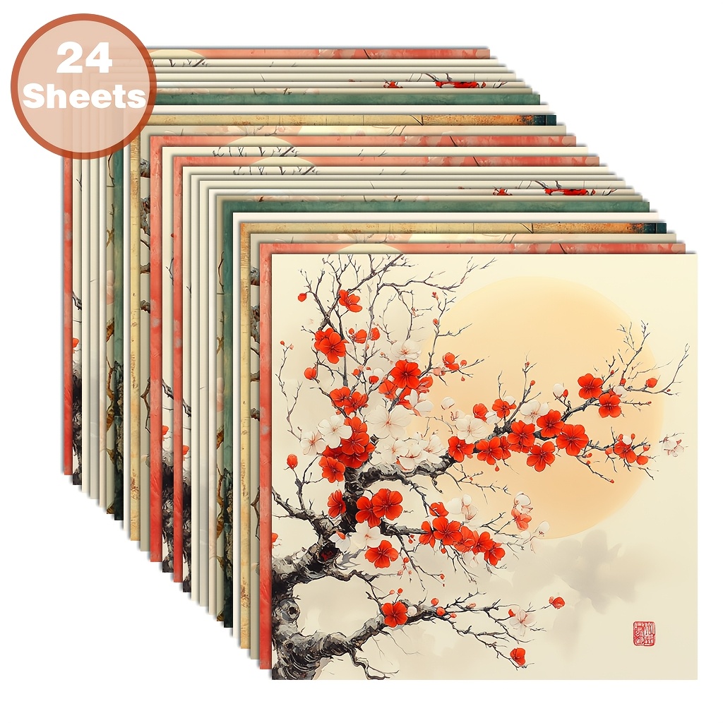 TEMU 24 Sheets Of 6x6 Inch -e Style Cherry Blossoms And Moon, Delicate , With At Bottom Right, Suitable For Collage, Origami Projects, Decorative