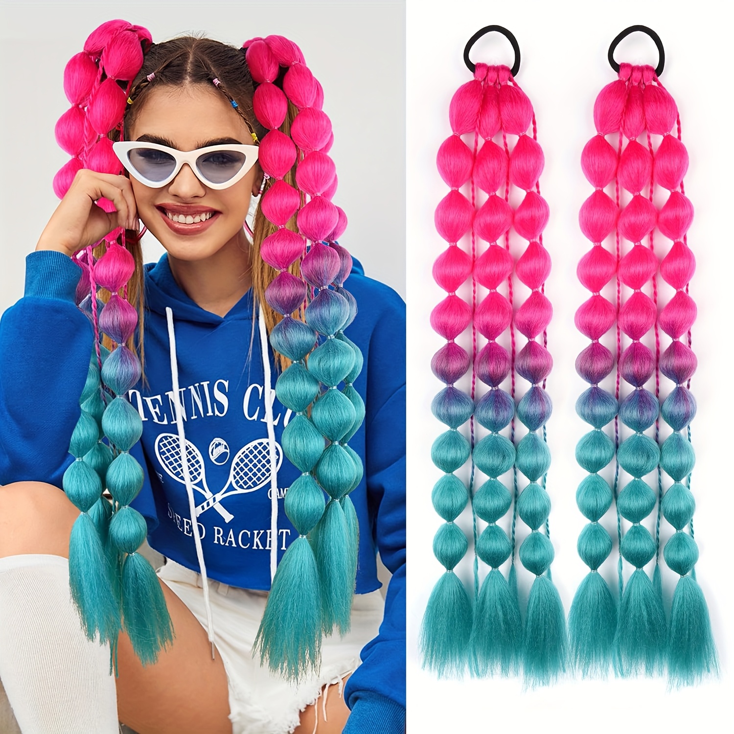 2pcs vibrant ombr ponytail extensions 24 inch lightweight colorful braided hair accessories for   for parties festivals and rave events   accessory vibrant hair extensions lightweight extensions hair accessories details 0