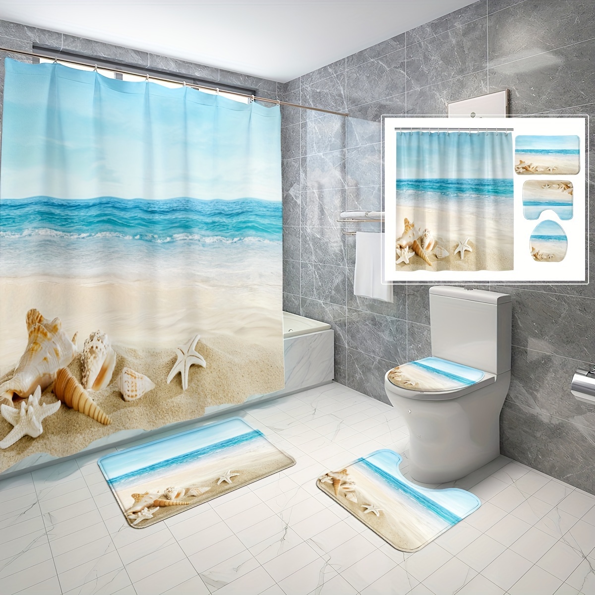 

1/3/4pcs Beach Ocean Scenery Shower Curtain Set, Shower Curtain With 12 Hooks, Non-slip Bath Mat, U-shaped Toilet Mat, Toilet Mat, Bathroom Decor Accessories