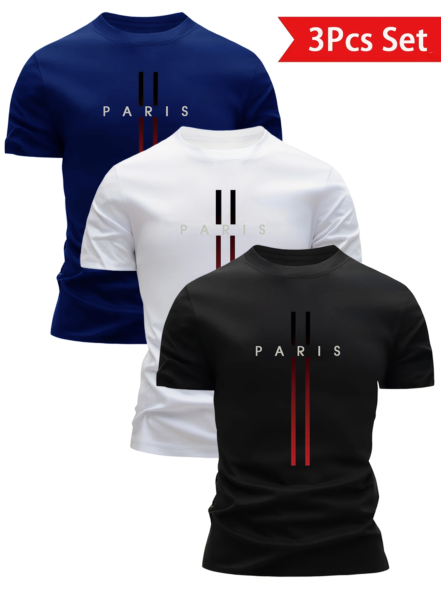 3pcs Mixed Print Gradient Long Stripe Pattern Men's Lightweight Short-Sleeve T-Shirt - Quick-Dry, Breathable, Sweat-Absorbing Casual Summer Shirt with Crew Neck Design