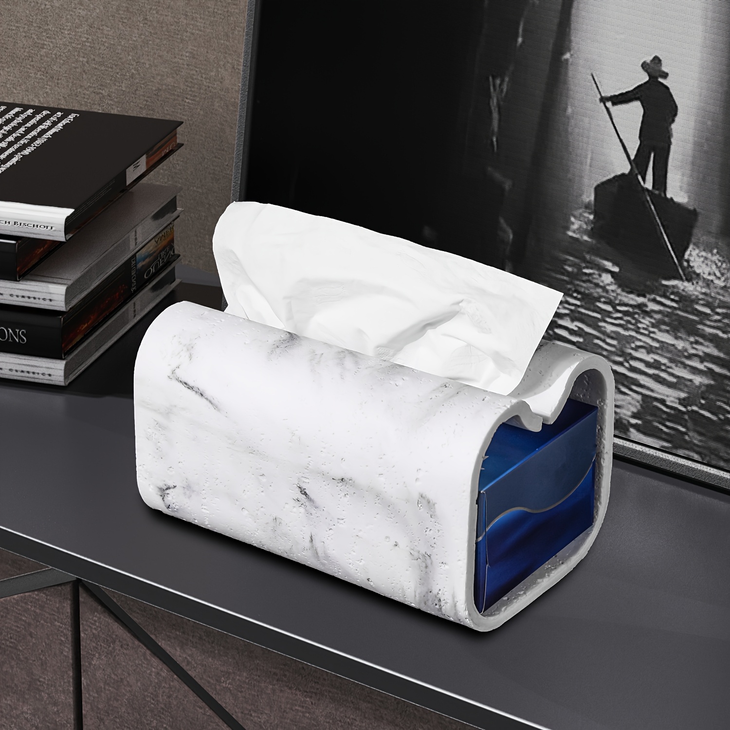 modern rectangular tissue box cover high quality resin with natural un ed texture marble look tissue holder for bathroom vanity bedroom dresser home office decor countertop organizer contemporary design premium   decorative organizer interior designers Product details 0