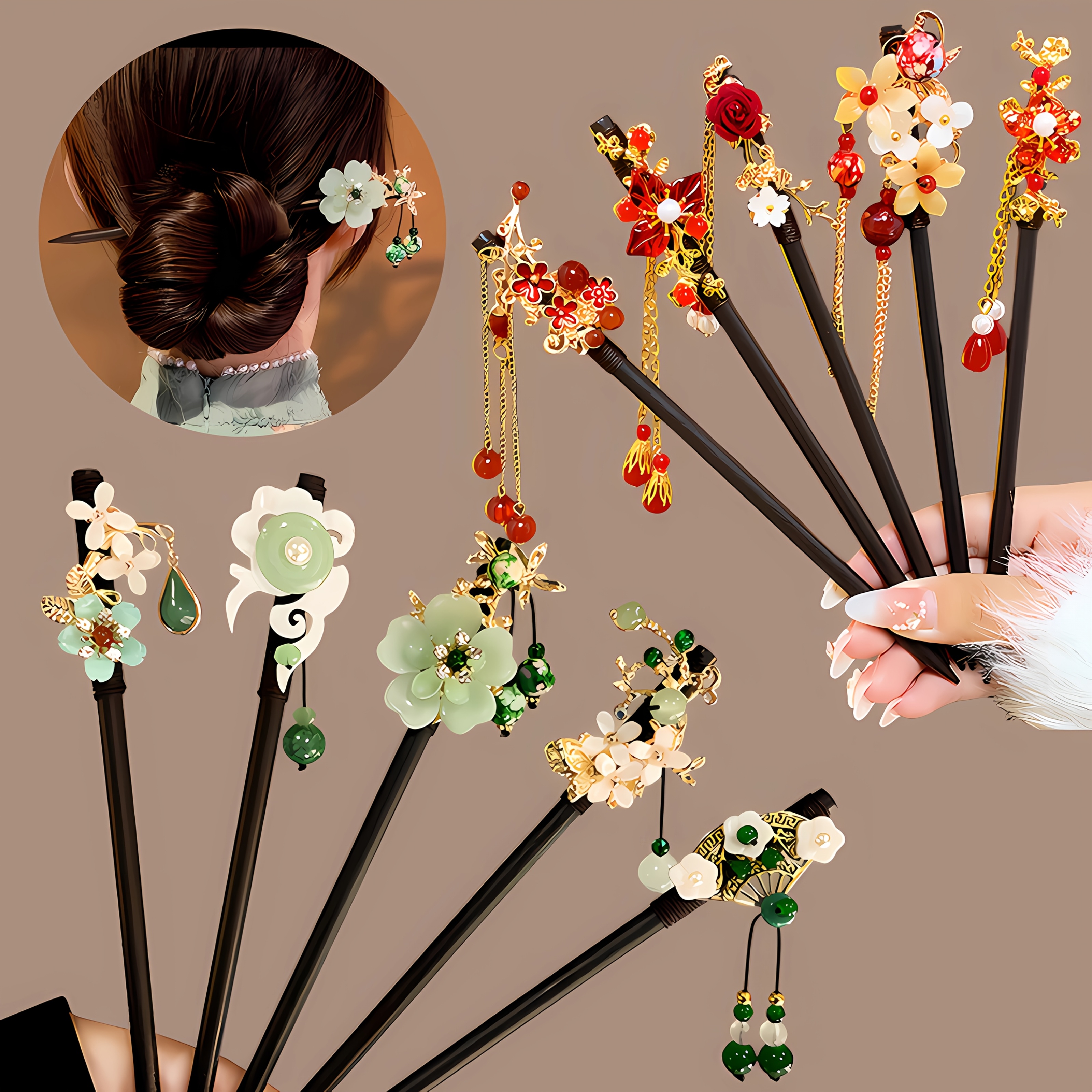 

5pcs Handmade Wooden Flower Decorated Tassel Hairpins, Elegant Traditional Cheongsam Hair Accessories For Women, Christmas Gifts, Holiday Gifts, In Multiple Colors