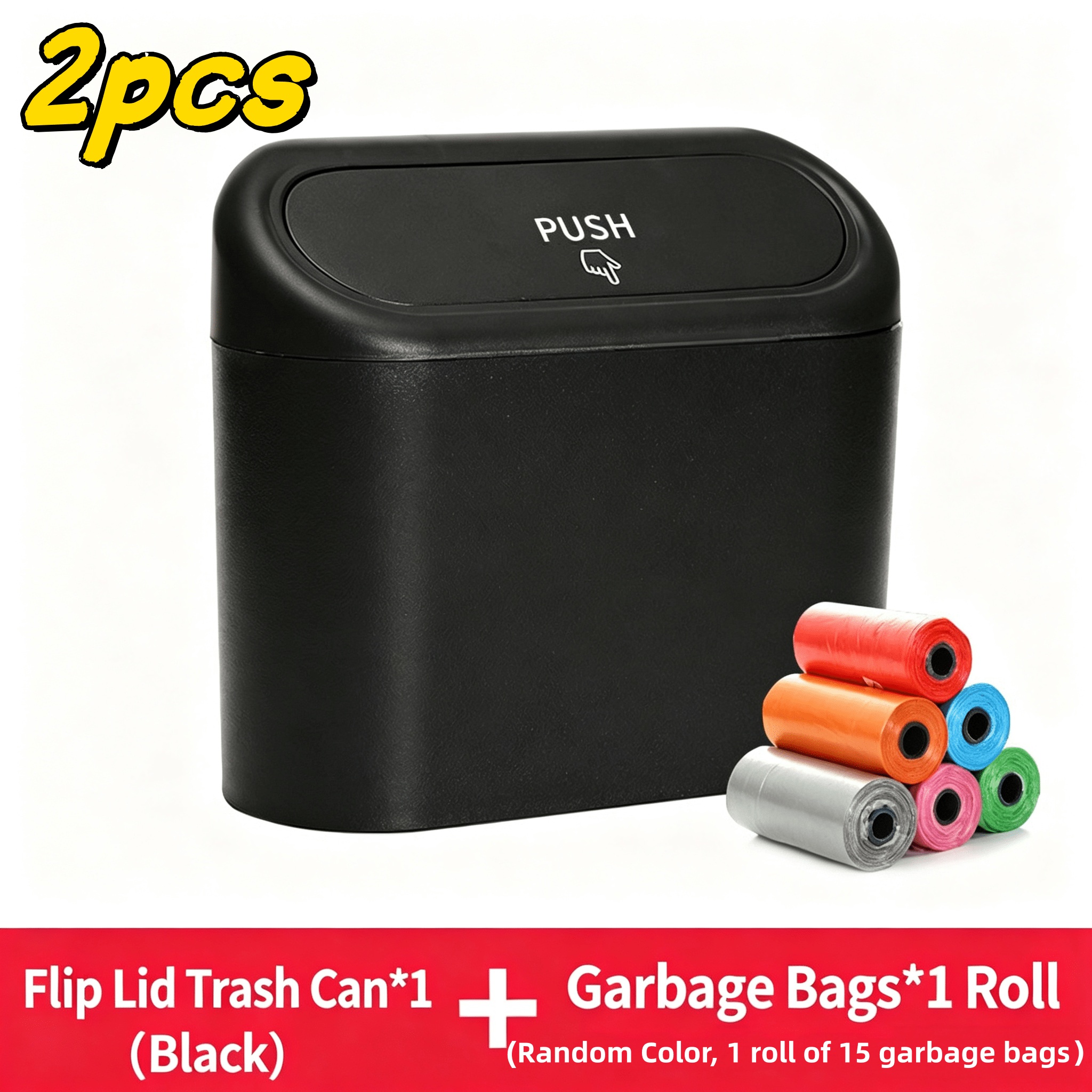 TEMU 2pcs Set - Trash Can Set, 1pc Compact Car Trash Can (with Leak-proof Lid) And 1 Roll Of 15pcs Trash Bags. Random Mini Car Accessory Trash Can -
