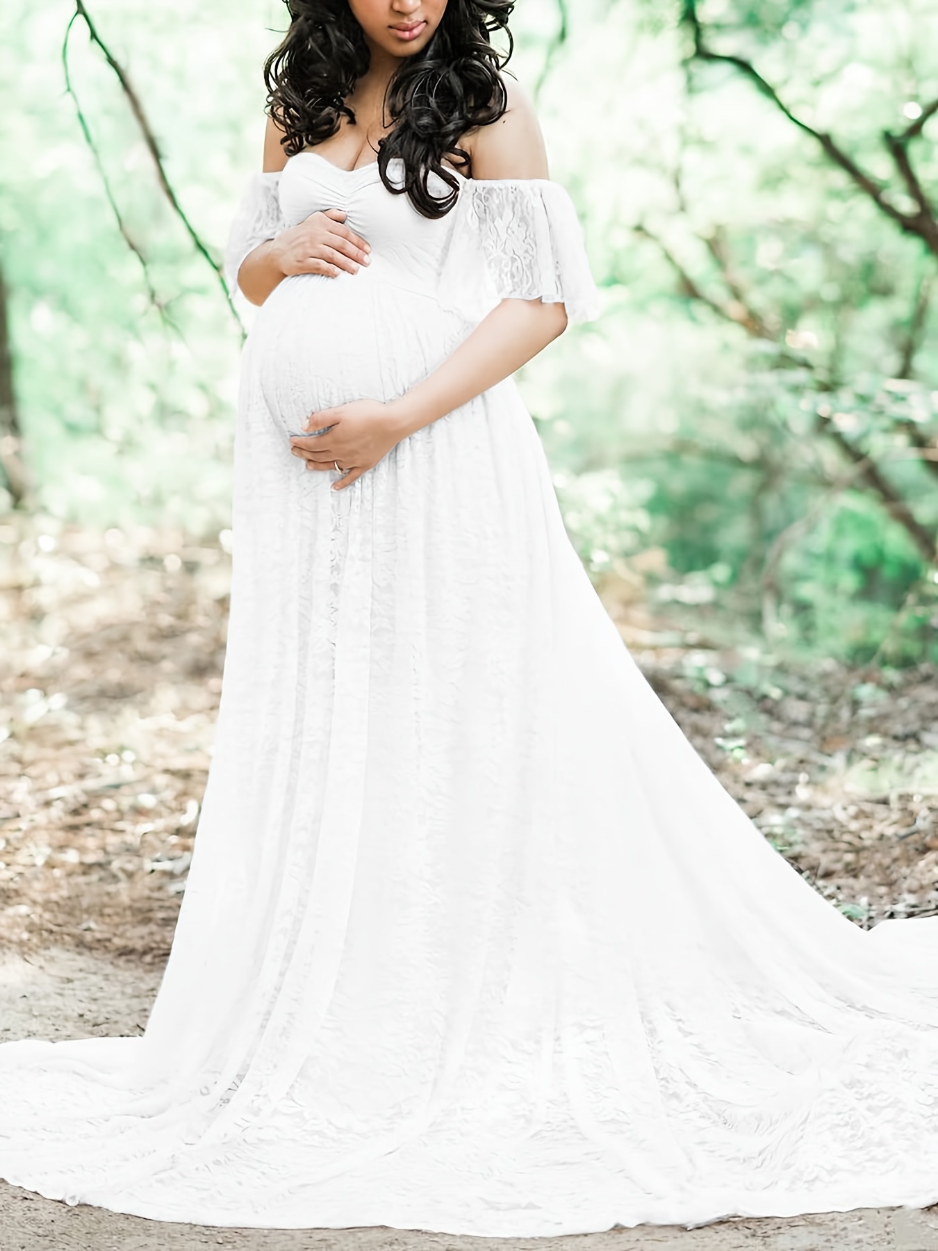 green emerald velvet dress Women's Lace Off-Shoulder Long Maternity Dress Solid Color Lace One Piece  Trailing Pregnant Dresses Plus Size Ruffle Sleeve Pregnancy Gown Photo  Shoot (Baby Blue,Small) at Amazon Women's Clothing store main image 0