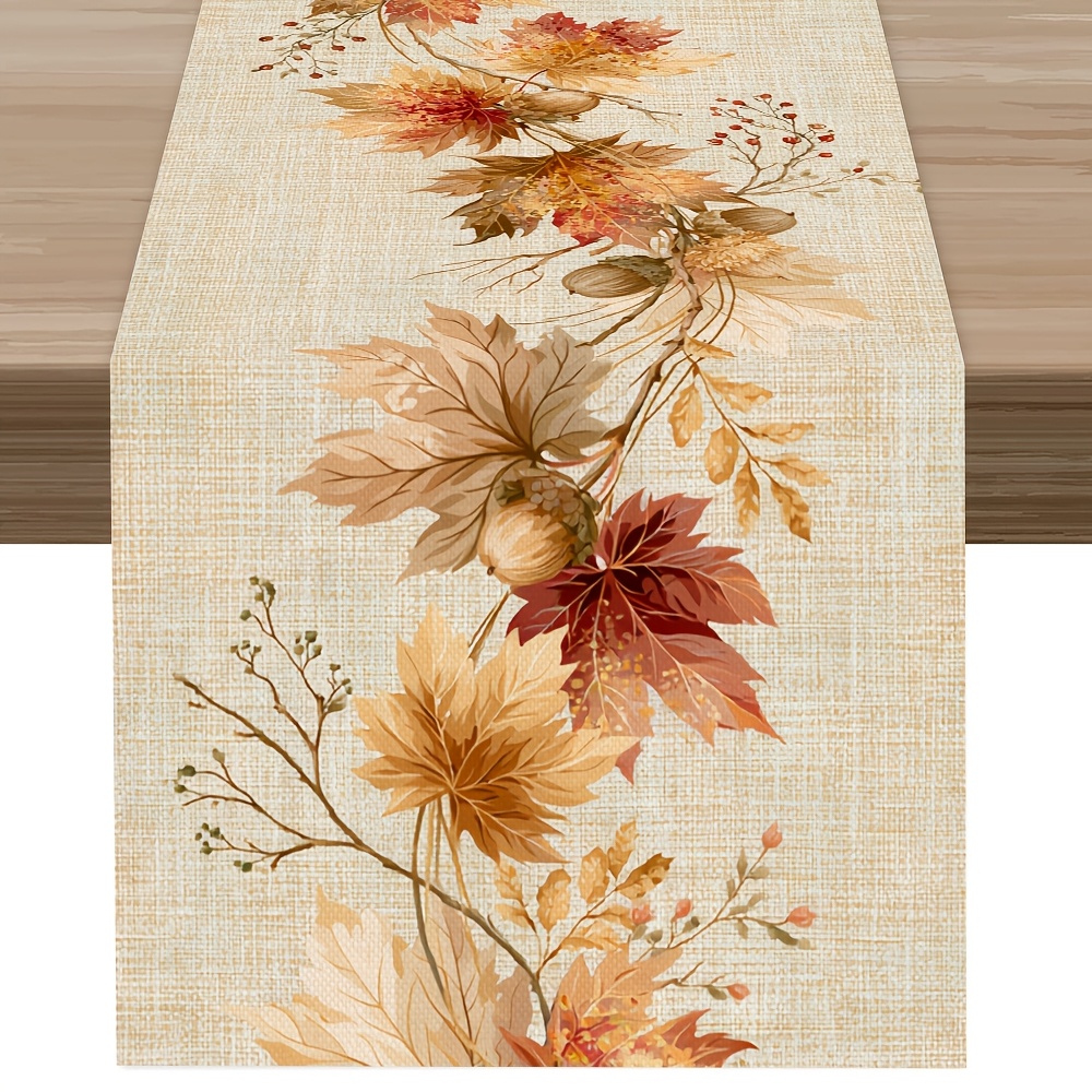 TEMU 1pc, Feather Grass And Maple Leaf Floral Branch Dining Table Runner, Elegant Garden Print Table Runner, Latest Autumn Table Runner, Printed
