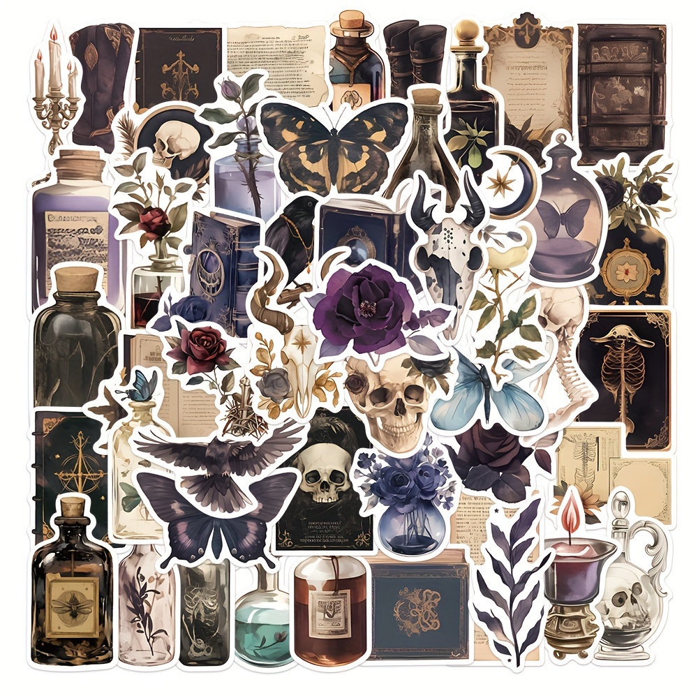 Image of 50pcs Gutbd Dark Aesthetic Stickers - Gothic , Roses, & Vintage Books Pvc Decals For Journals, Phone Cases, Laptops, Water Bottles, Guitars, Helmets & Luggage, Gothic Scrapbooking Supplies