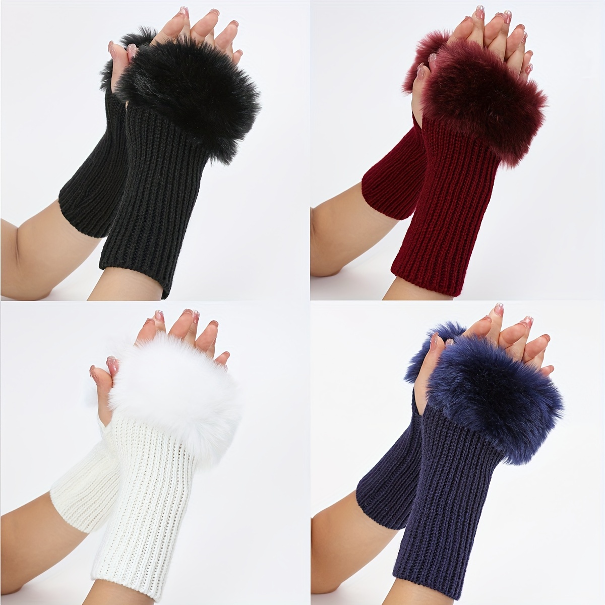 

Women's Acrylic Knitted Fingerless Gloves With Fur Trim - Full Hand Warmers, Solid For , Warm And Decorative With Knitting , Hand Washable - 1 Pair