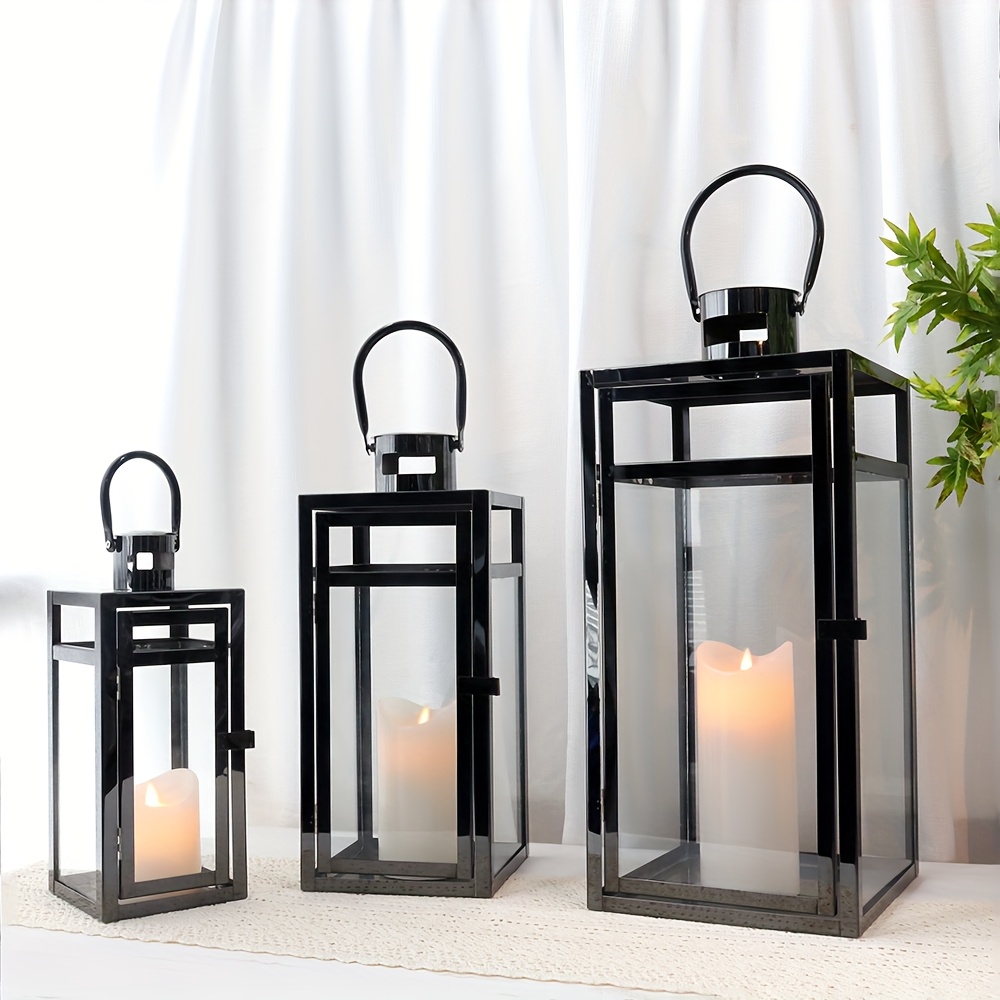 Image of Set Of 3 Decorative Metal Candle Lantern Large Hanging Outdoor Lantern 48/38/30cm With Tempered Glass Panels For Home Decor Parties Garden Outdoors (black)