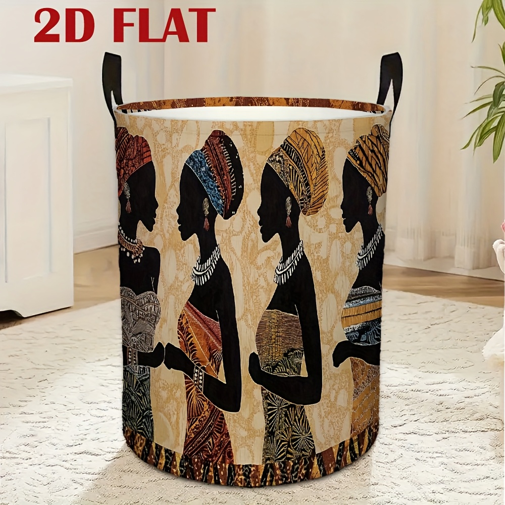 TEMU 1pc Grand Panier à Linge pour Femmes Africaines avec Culturels - Panier à Linge Rond Pliable, Organisateur de Vêtements avec Poignée Solide,