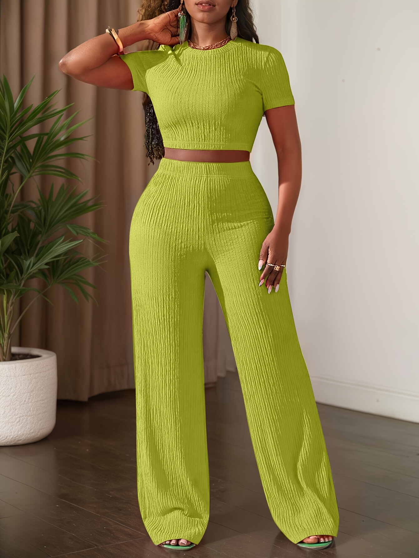 2025 new solid color short sleeve top and wide leg pants casual set