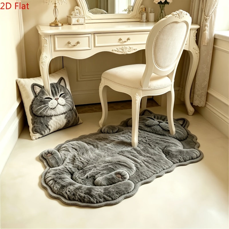 TEMU Velvet 900g 9mm [2d Flat] Thin Plush 3d Effect, Non-long Pile, Cute Realistic Blue Cat Shape Door Mat Soft And Cute Fat Gray Cat Bedroom