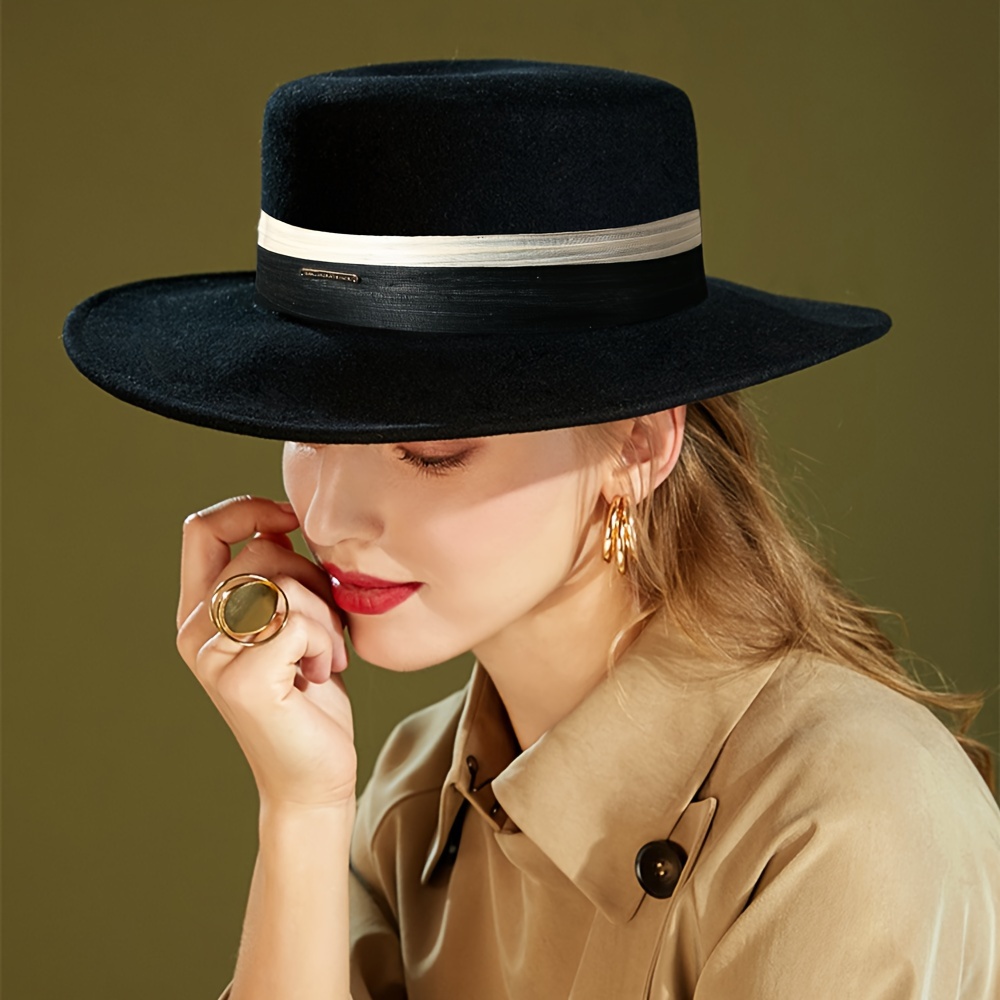 Women'* Wool Fedora Hat Breathable Inelastic Cap with Vintage Wide Brim,  British Style Flat Hat with Embossed Craftsmanshi