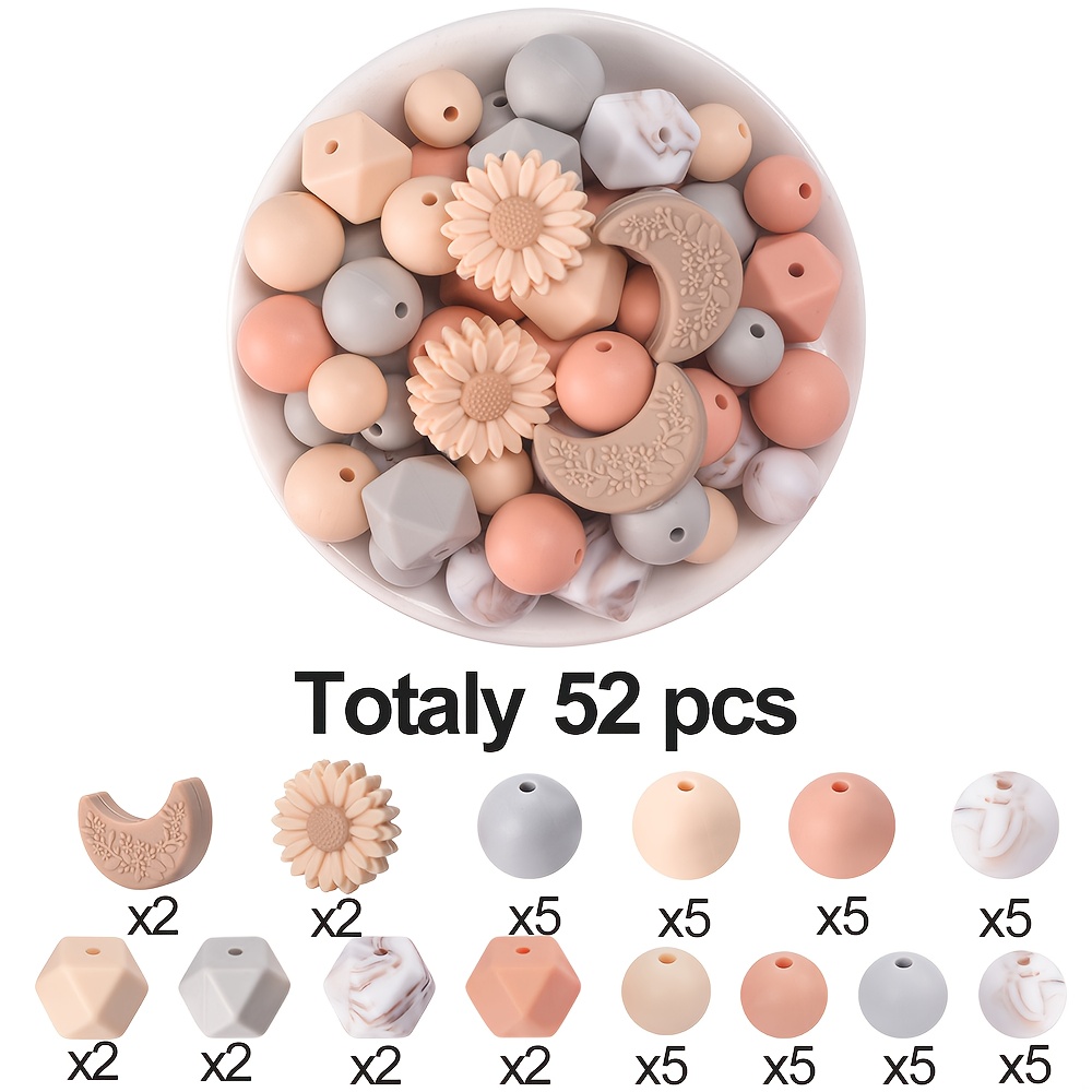 E-shop 52 Stück Pastell Gänseblümchen & Halbmond Silikon Fokusperlen mit Runden Sechskantperlen - Einzigartiges Schmuckherstellungsset für Anhänger,