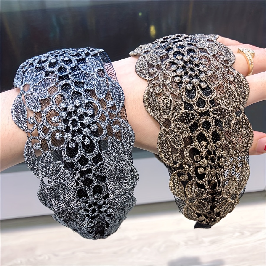 

Elegant Vintage-inspired Lace Embroidered Hairband - Wide, Non-slip Headband For Women In Golden & Silvery