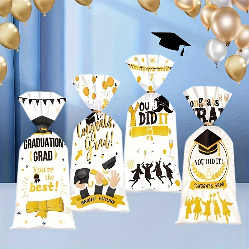 

50pcs Plastic Graduation Candy Bags, Celebration Bags With "congrats Grad" Design For Party Favors, Graduation Gifts & Goodies, Gift Packaging Supplies