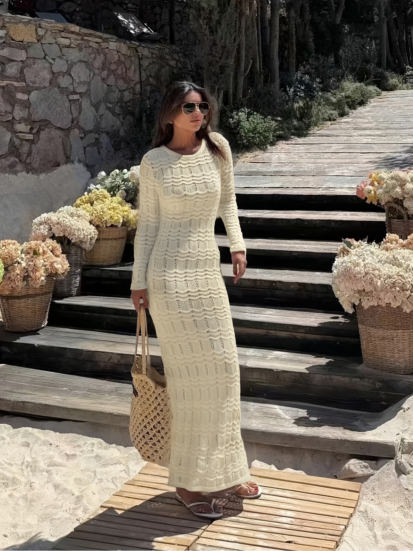 new lace back long dress hollow textured long sleeve cover - Temu Oman