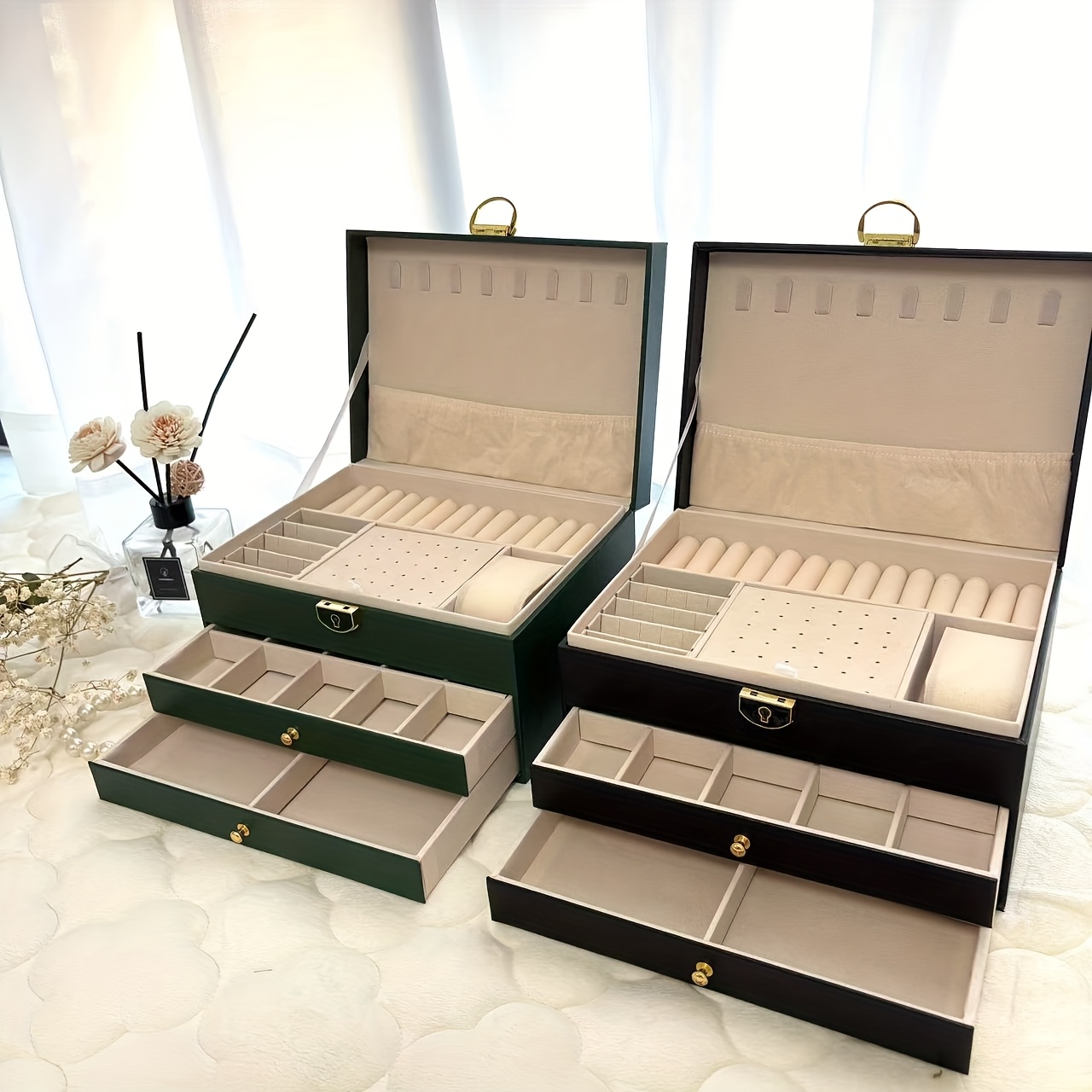   box organizer elegant   tier storage case with key lock closure soft fabric lined compartments for necklaces earrings bracelets rings perfect gift for women home   use durable construction jewelry organizer storage jewelry boxes Product details 2
