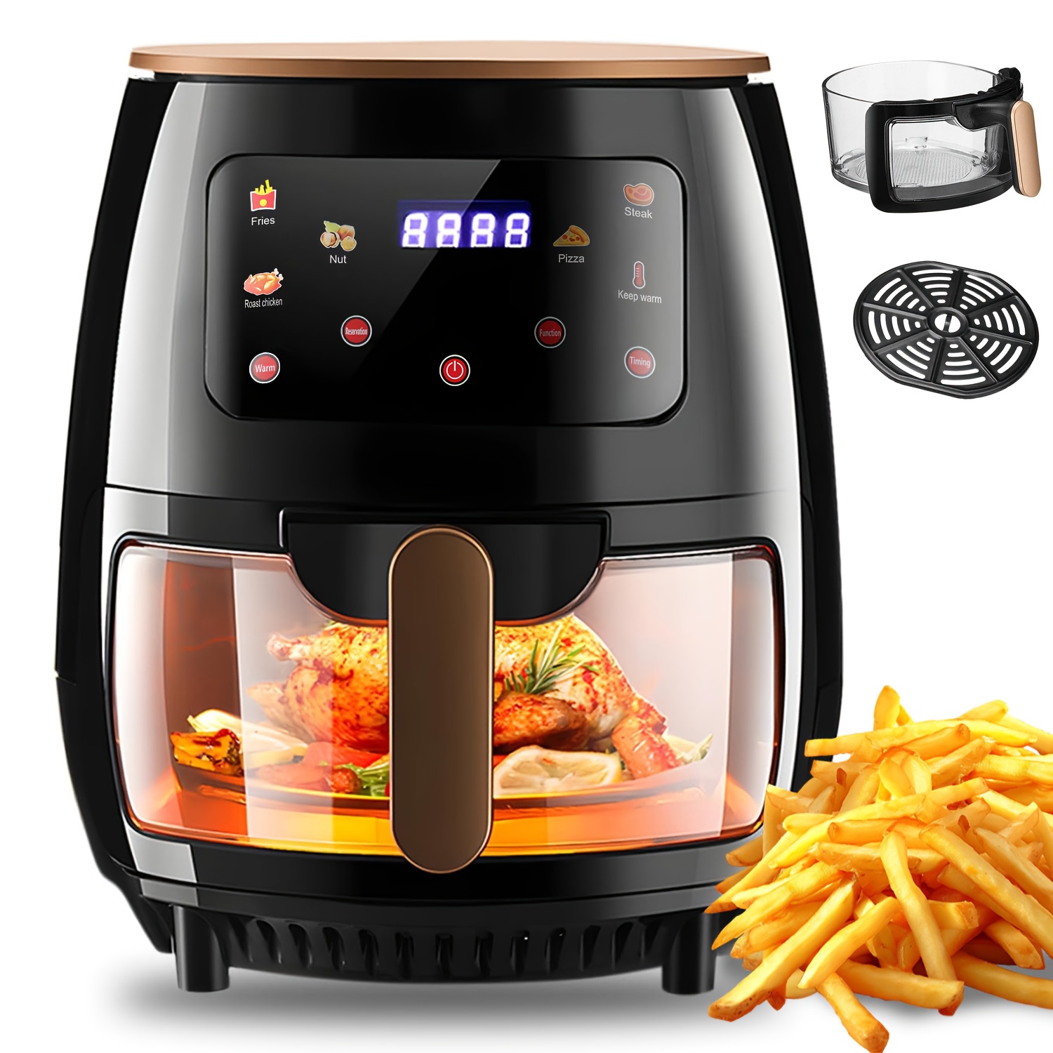 E-shop Heißluftfritteuse mit 6-Liter-Sichtfenster, neue große Kapazität, Touchscreen, Multifunktion, Miniofen, Touch-Bedienung mit 6 Voreinstellungen,