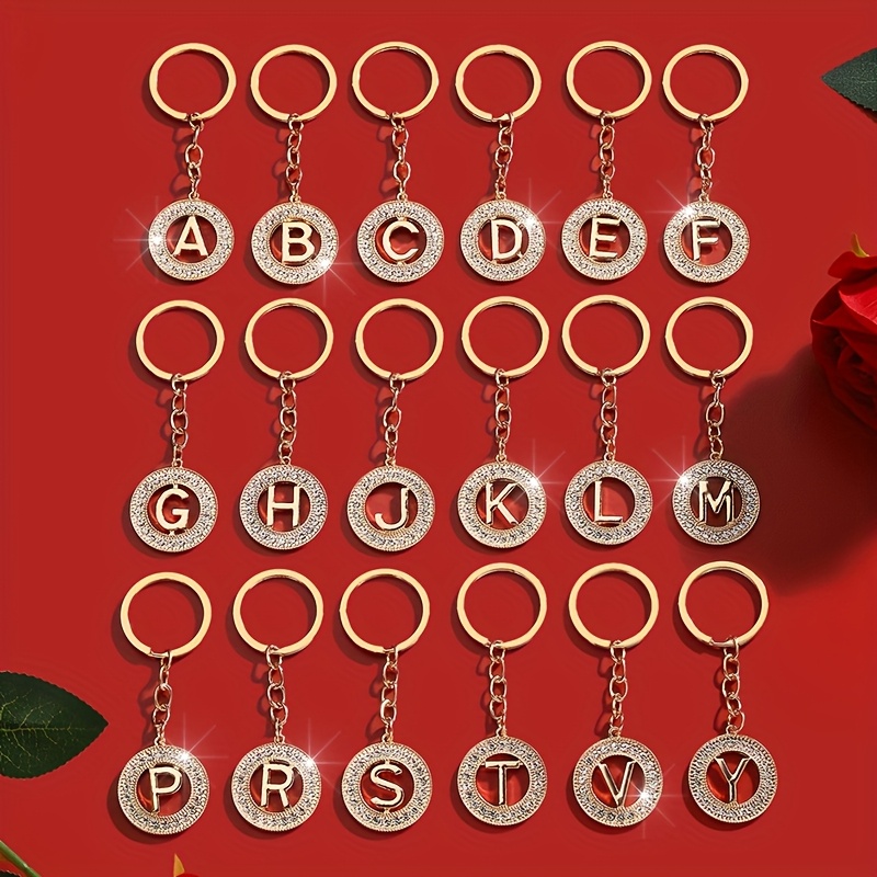 

Luxurious Round Alphabet Keychain With Sparkling Rhinestones – Elegant Golden-tone Metal, , Women's Valentine's Day And Birthday Gifts