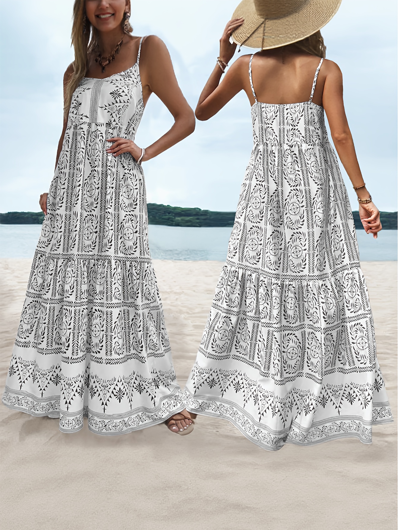 Vestido Maxi Bohemio Elegante para Mujer Estampado de Plantas Larga Sin  con Dobladillo y Tiras Anchas y Transpirable para Vacaciones en 