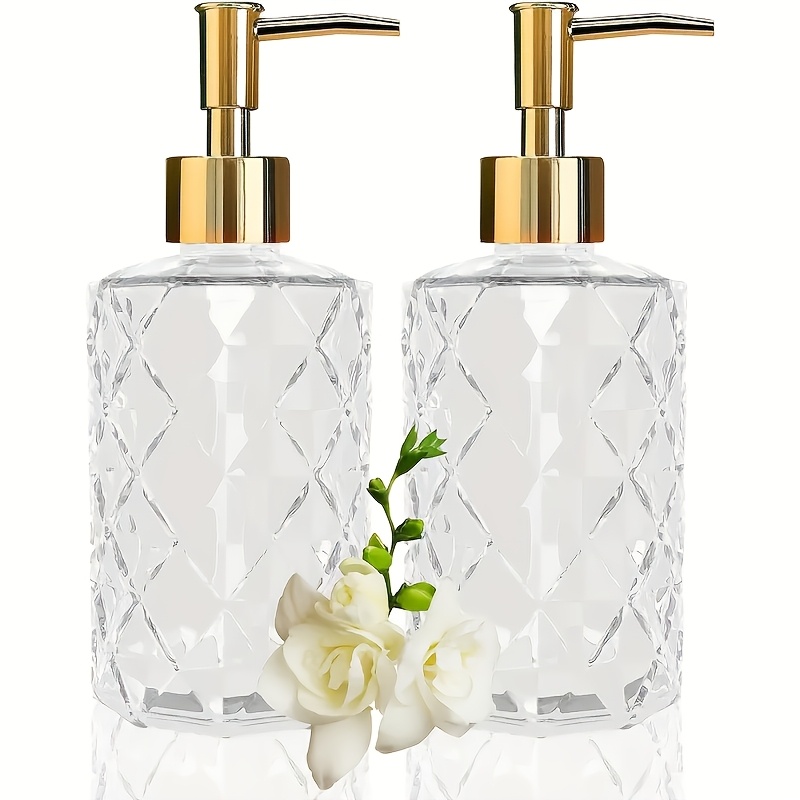 TEMU Lot de 2 distributeurs de savon en verre à motif diamant cristal, 330 ml/11,15 oz, pompe dorée transparente rechargeable pour lotion, design