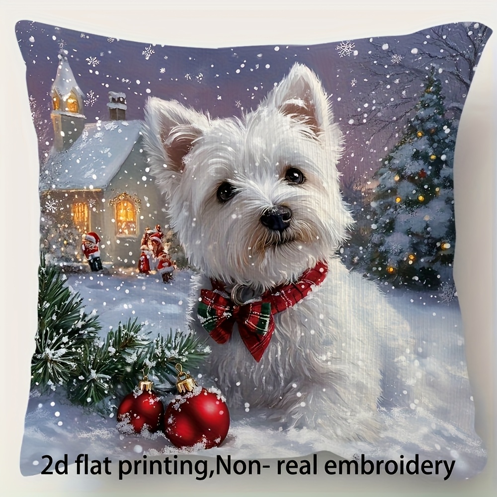 TEMU 1pc West Highland Dog Plaid Bow Tie & Scottish Winter Scene Christmas Pillowcase - Contemporary Zippered Cover Suitable For Sofa, Bed, Living