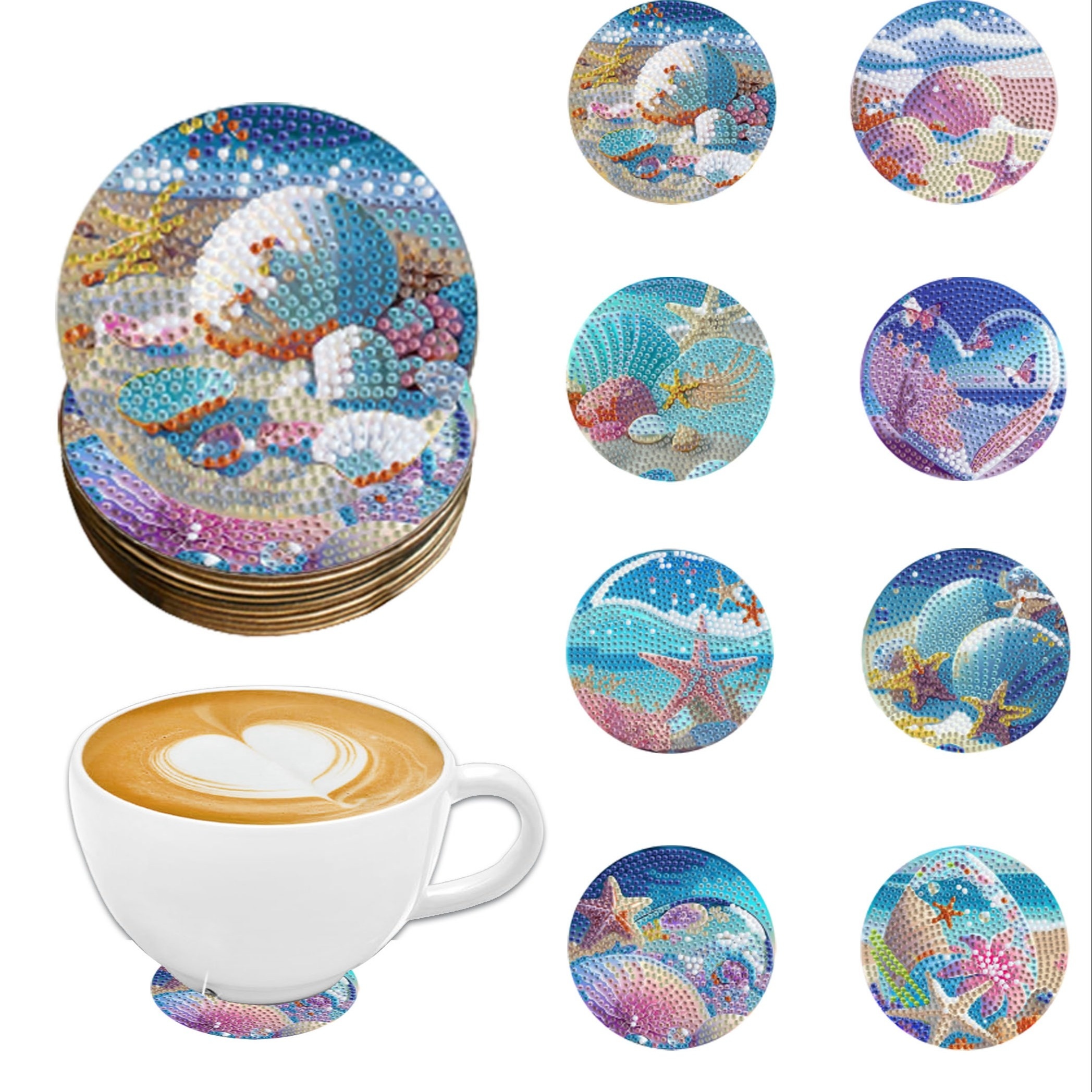 

8pcs Sea Beach Diamond Art Coasters Starfish Shell Diamond Painting Coasters Kits With Holder Diy Coasters For Beginners, Adults, Diamond Art Crafts Supplies