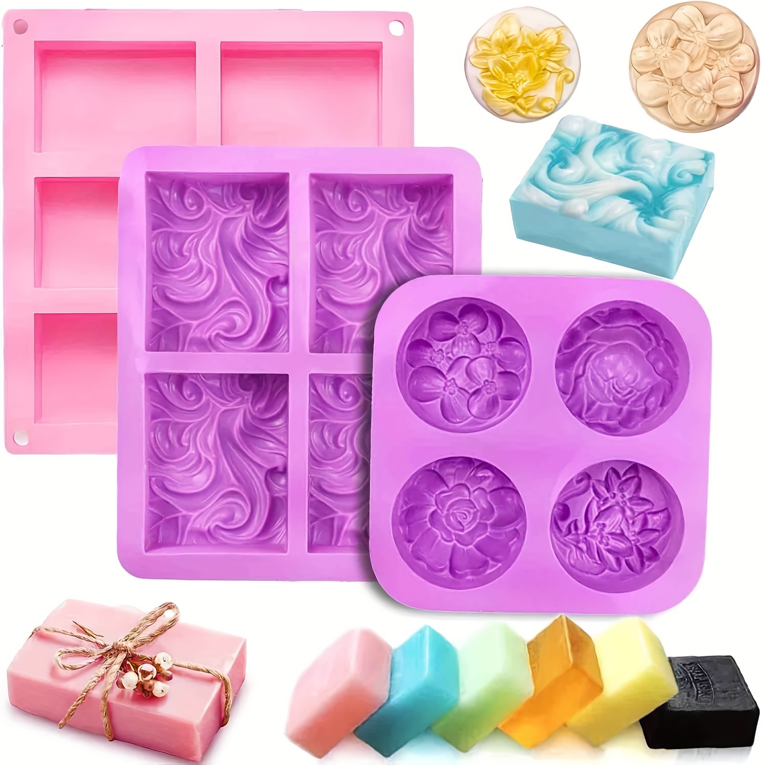 E-shop 3er Pack Silikon Seifenformen 6 Fächer Silikon Seifenform Rechteck Oval und Blumenformen Seifenformen für die Seifenherstellung Handgefertigt