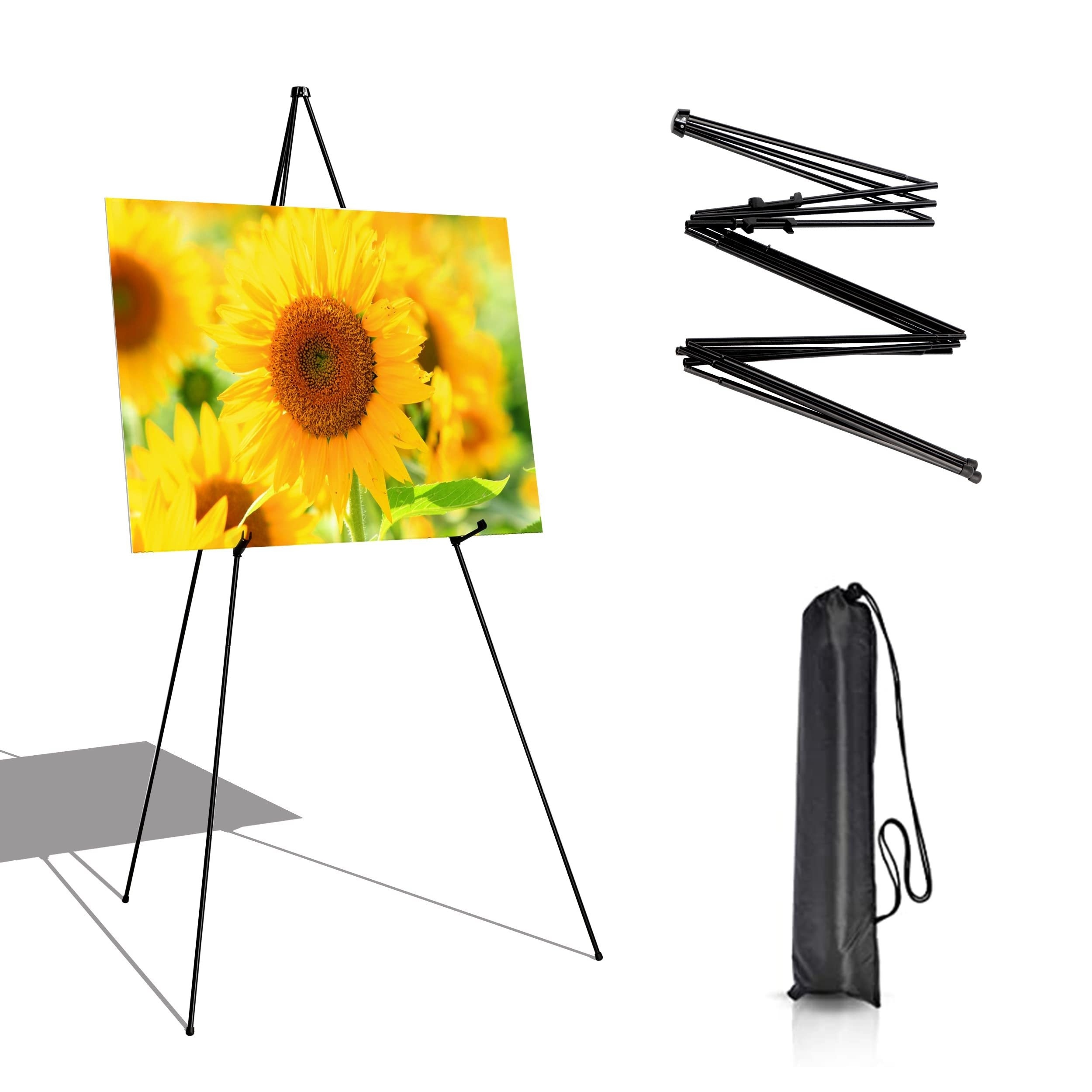 

Easel Stand For Display Wedding Sign & Poster - 63 Inches Tall Easle For Display Holder - Portable Collapsable Poster Easel - Floor Adjustable Metal Painting Easels Tripod Black