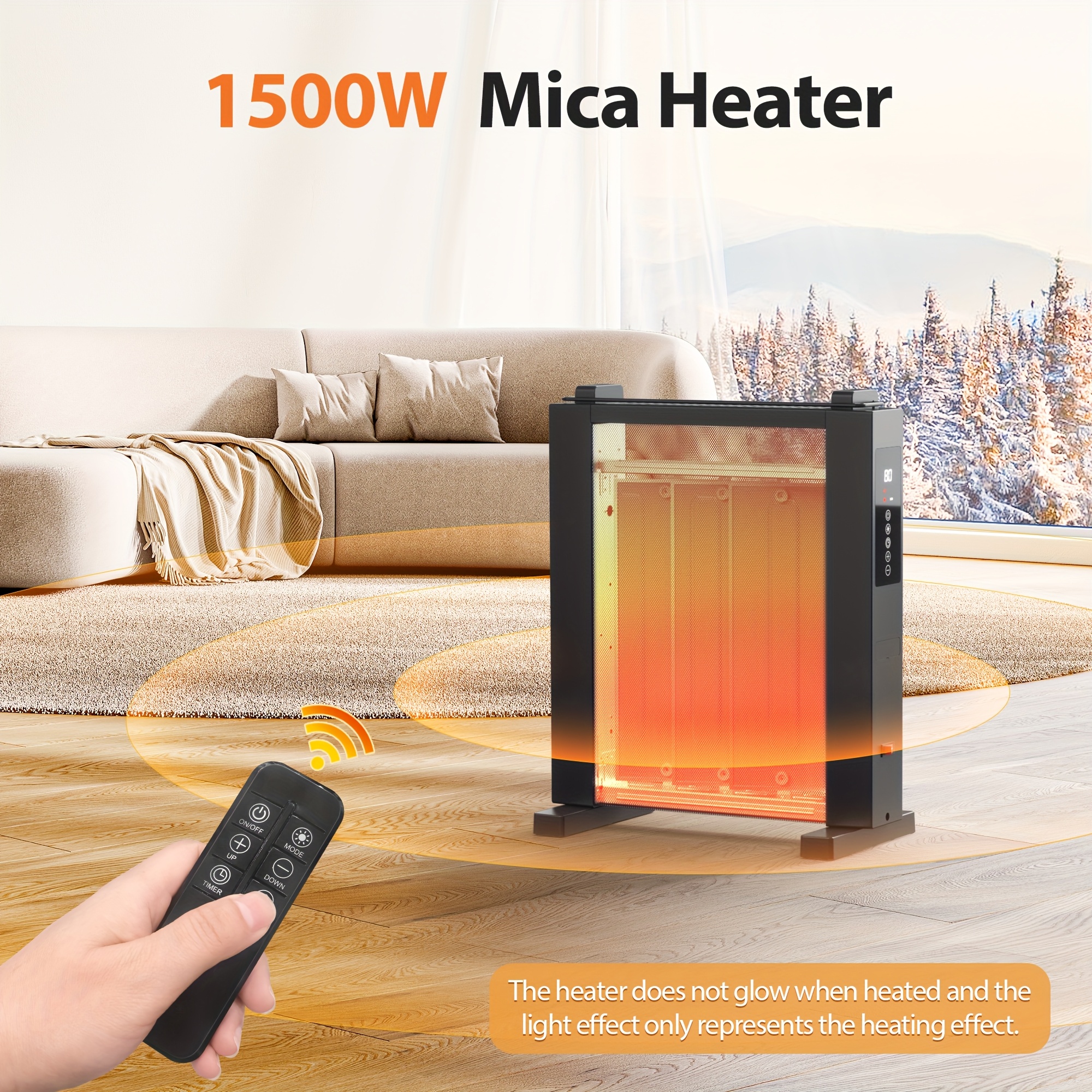 

1500w Mica Panel Heater For Large Room - Quiet Convection Heater With Adjustable Thermostat, Low/high/eco , Remote Control, 12h Timer, & Tip-over Protection, Power Supply 110-130v Us Plug