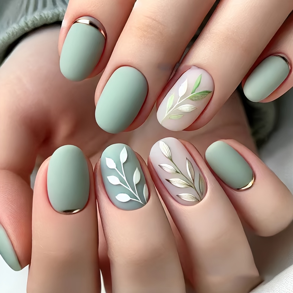 Image of 24pcs Set Of Short Green Gradient Leaf Fake Nails For Adults, Suitable For Women And S, Nail Stickers