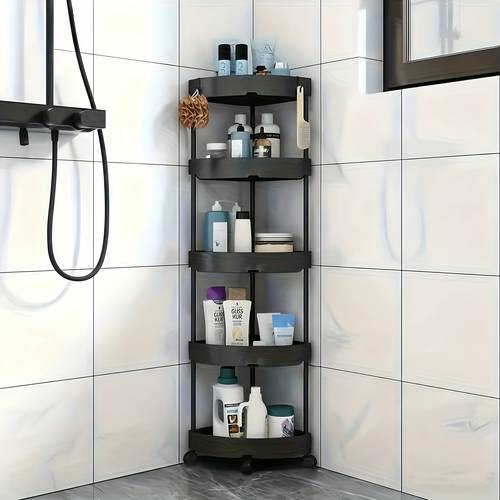 suitable for 48 this rotating wheeled bathroom corner shelf features a fan shaped design with 4 or 5 tiers saving 90 angle thickened and heightened construction hollow drainage and of plastic ideal for bathrooms