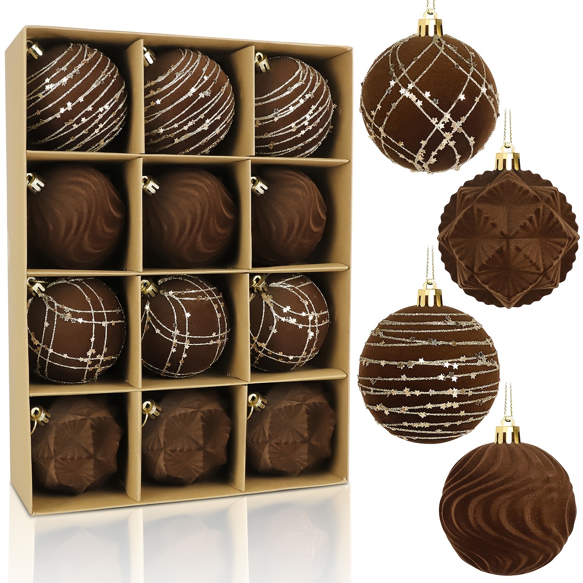 TEMU 12pcs 2.36 Inch/60mm Velvet Christmas Ornament Balls (burgundy, Brown, Blue, Green), Holiday Decorations, Plush Christmas Tree Plastic Balls,