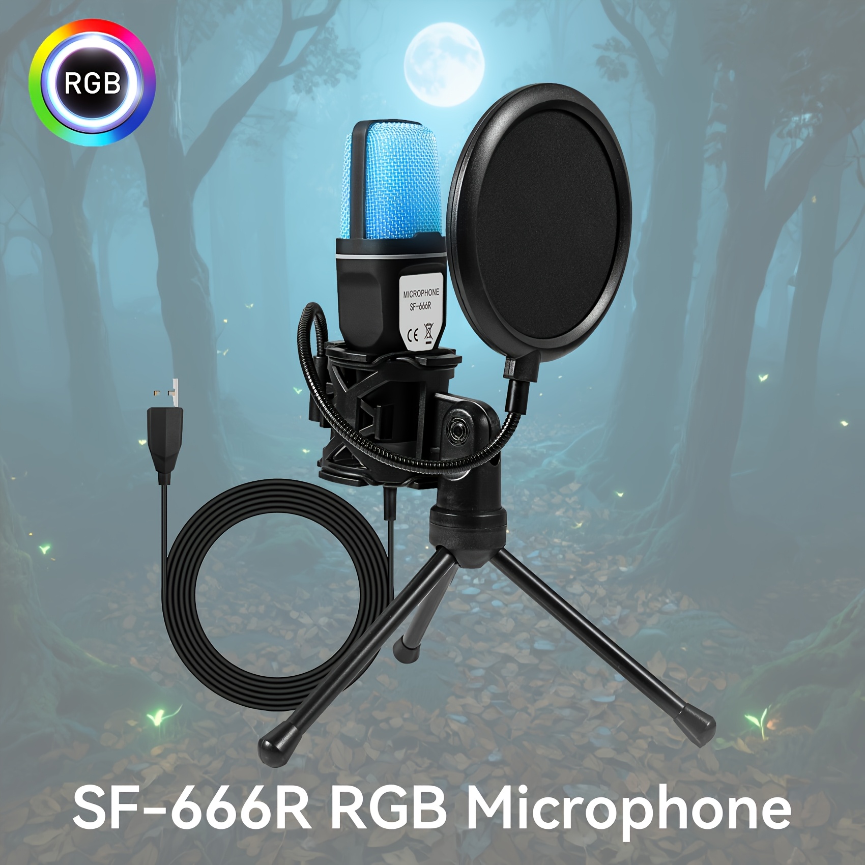 TEMU Usb , Gaming Desktop Mic With Rgb Lighting, Omnidirectional Pickup, Plug And Play, Foldable Tripod Stand