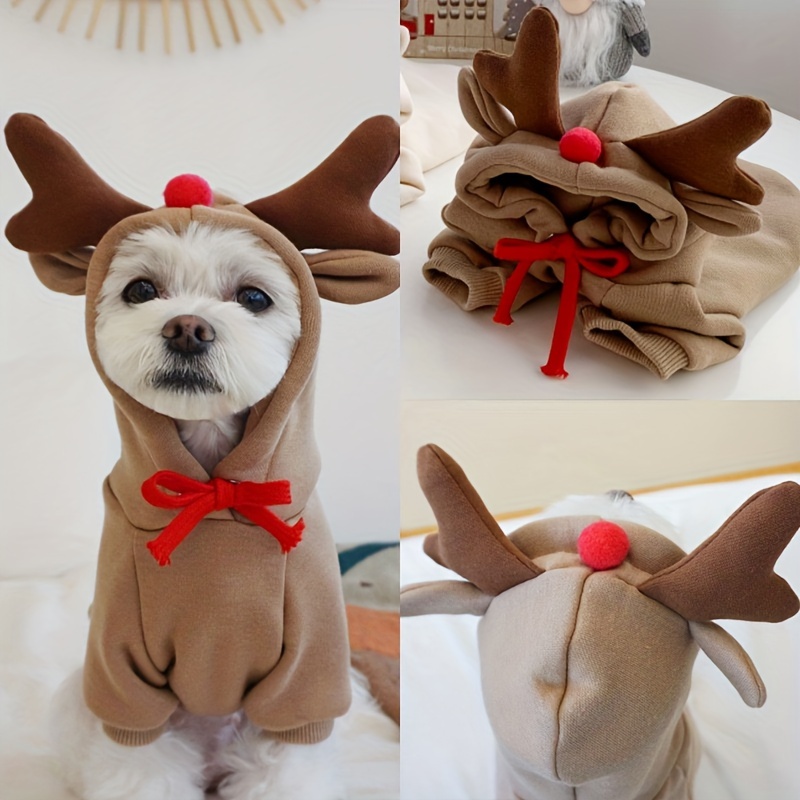 

Fit, Cozy Fleece Reindeer Hoodie For Small To Medium - Cartoon Pattern, Machine Washable Pet Sweater For Fall/winter