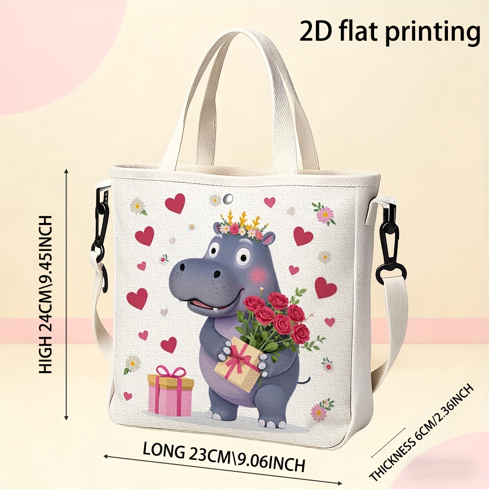 TEMU Women' Shoulder Bag, Cute Hippo Flowers In A Gift Box With Heart-shaped Pattern, Durable And Lightweight Fabric, Used As A Birthday Gift,