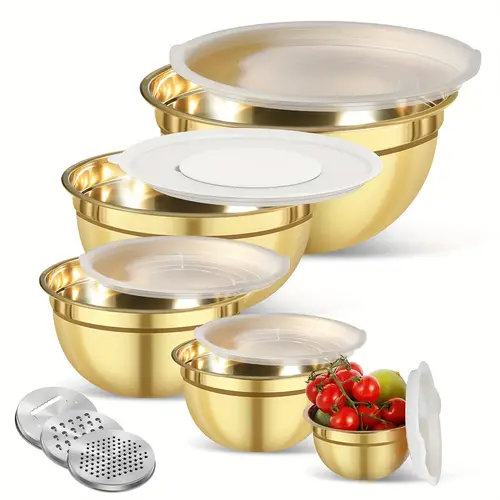 10pcs 5pcs golden mixing bowl 5pcs white sealing lid stainless steel mixing bowl with golden cover and white lid christmas serving dish with sealed lid and grater golden nesting bowl salad bowl very suitable for baking preparation cooking stirring salads mixing serving food and serving food washed in dishwasher capacity 500ml 1400ml 2350ml 4000ml 6500ml christmas golden mixing bowl thanksgiving