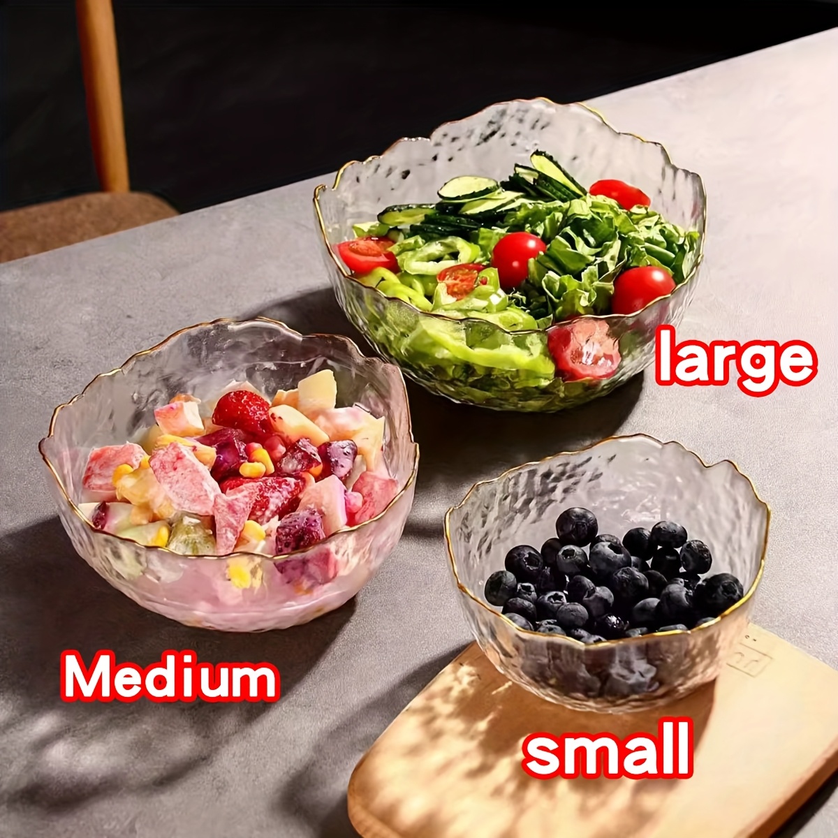 TEMU Glass Mixing Bowls, Glass Serving Bowls, Clear Glass Bowls, Salad Bowl Set, Large Medium Smallthree-piece Glass Bowl Set, Glass Tableware, For ,