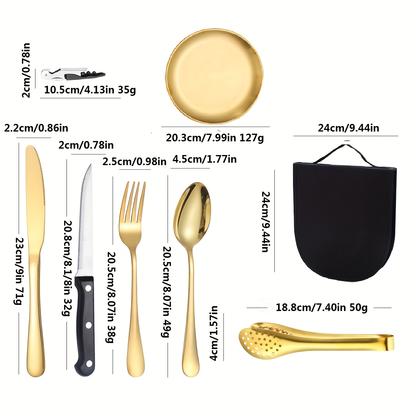 personalized customization camping silverware set including knives forks spoons plates cutlery storage bags picnic set stainless steel plate spoon clip and serrated knife bottle opener camping kitchen barbecue golden and silvery   thanksgiving Product details 2