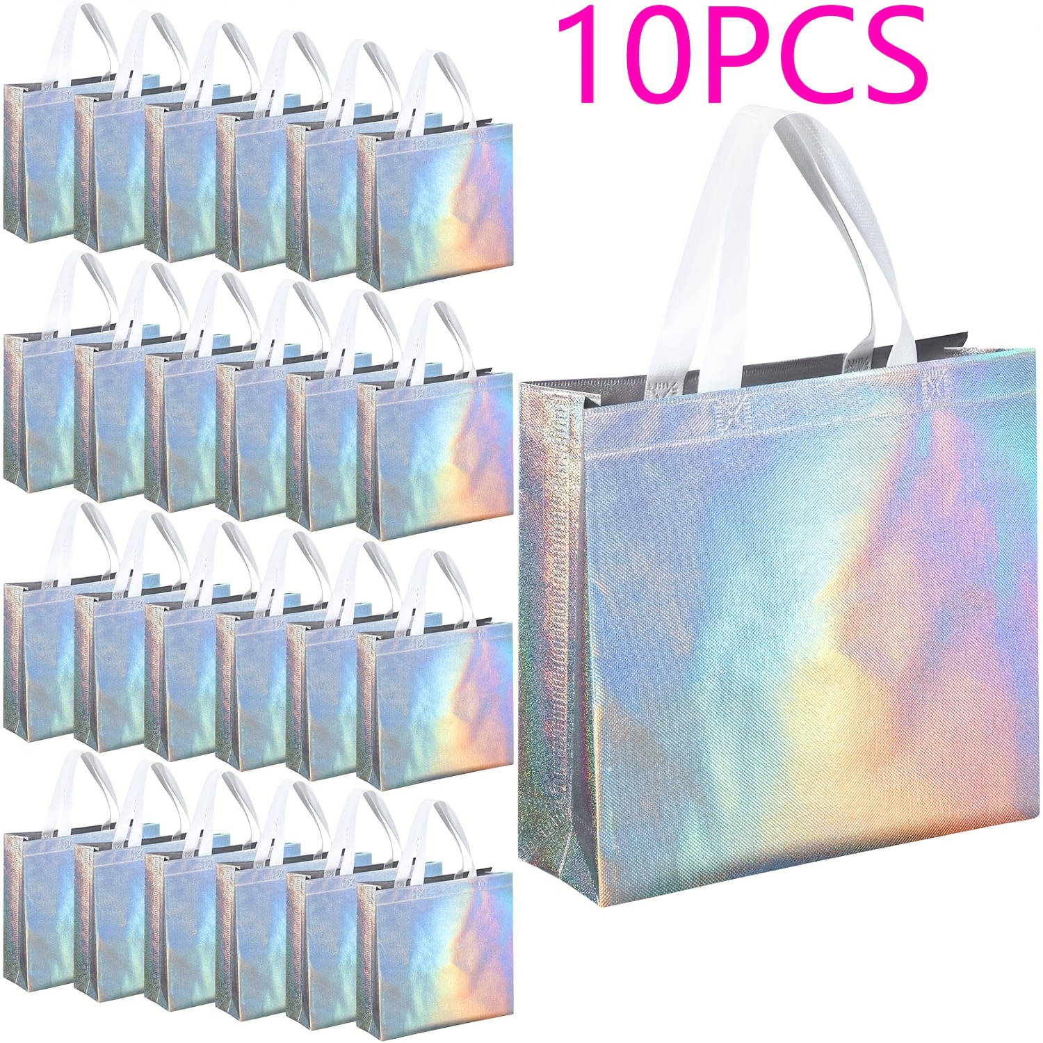 TEMU 10 Pack Reusable Holographic Bags With Handles - Iridescent Gradient Color Shifting Glossy , Durable Polypropylene For Gifts, Birthdays,