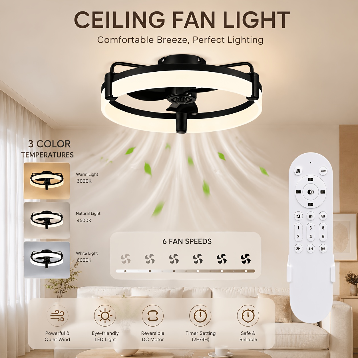 51.5cm Fan With Lighting And Remote, Timer, 6-speed, 3000k-6000k Dimmable Led Lighting, Reversible Modern Black Ceiling Lamp For Living Room, Bedroom
